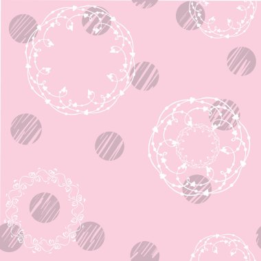Romantik vektör kusursuz desen. Beyaz dantelli çerçeve ve gri benekli noktalar. Pembe arka planda izole edilmiş. Tekstil ve baskılar için tasarım.