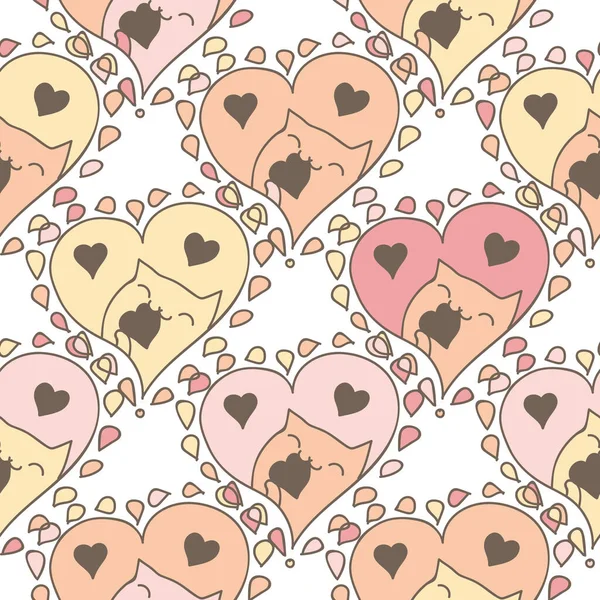 Doodles Cute Seamless Pattern Elegant Vector Background Illustration Hearts Cats — Stock Vector