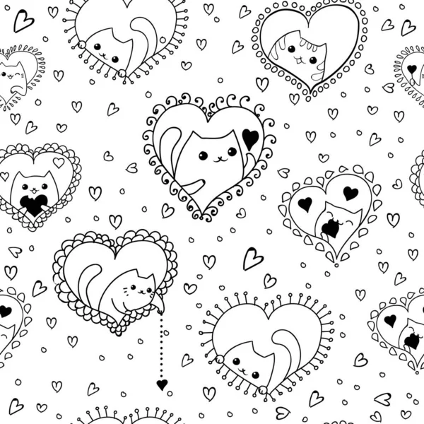 Doodles Cute Seamless Pattern Monochrome Vector Background Illustration Hearts Cats — Stock Vector