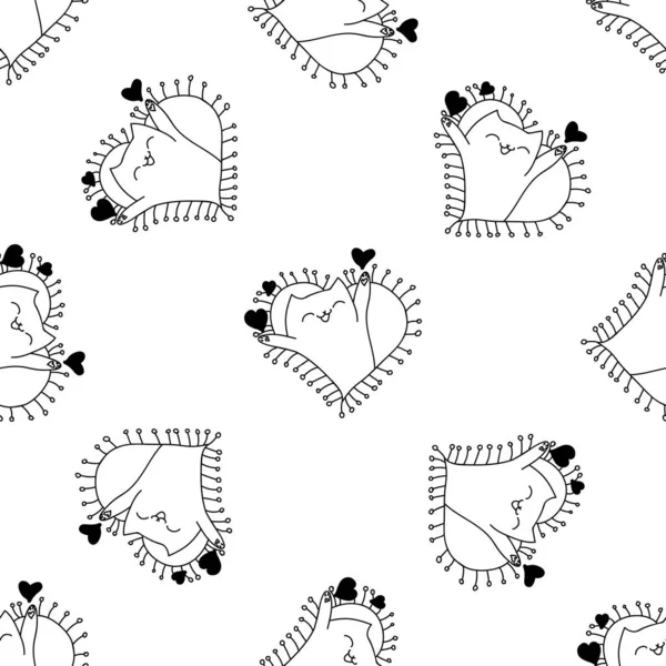 多朵可爱无缝图案 用心和猫来说明 T恤衫 纺织品和印刷品的设计 浪漫的主题 — 图库矢量图片