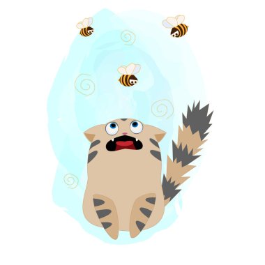 Komik kedi ve üç kızgın arı. Sevimli çizgi film karakteri. Beyaz arkaplanda izole edilmiş vektör illüstrasyonu.