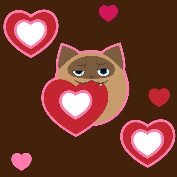 かわいいシーズンの猫と心を持つロマンチックなベクトルシームレスなパターン 茶色の背景 — ストックベクタ