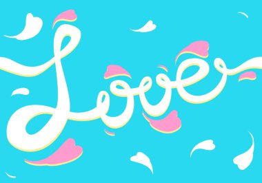 Romantik vektör kusursuz desen. Aşk ve Uçan Pembe ve Beyaz Yeşil Yapraklar. Parlak mavi arkaplanda izole edilmiş.