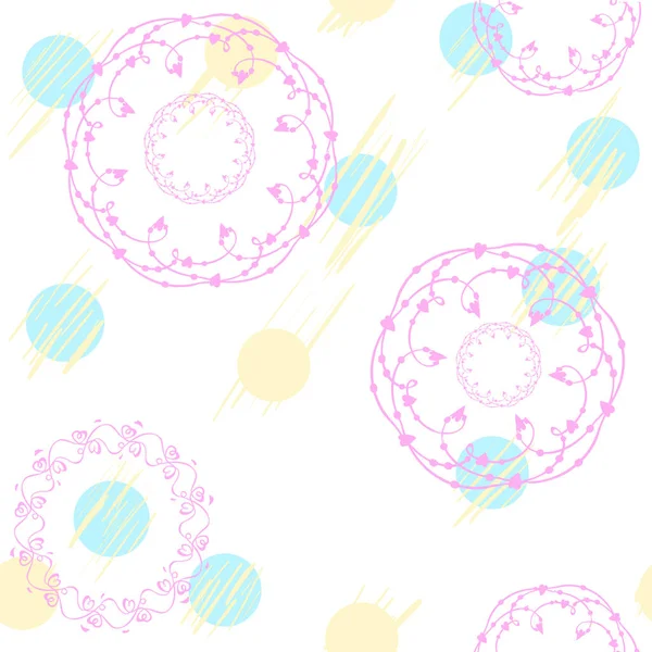 Romantik vektör kusursuz desen. Beyaz pembe dantelli ve sarı benekli. Beyaz arka planda izole edilmiş. Tekstil ve baskılar için tasarım.