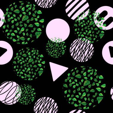 Yeşil yapraklı parlak vektörsüz desen ve siyah arka planda yumuşak pembe geometrik şekiller. Bahar ve yaz arkaplanı.