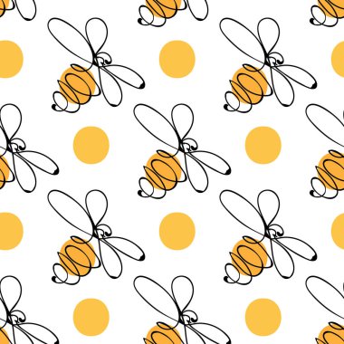 El çizimi renkli arılar. Yaz çayır koleksiyonu. Tekstil, kağıt, kartlar ve web sayfası için güzel bir tasarım. Vektörsüz desen.