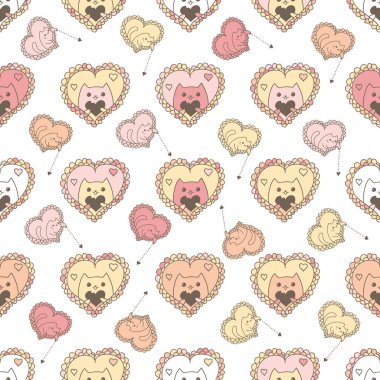 Sevimli, pürüzsüz desenler çiziyor. Zarif vektör arkaplanı. Kalpli ve kedili illüstrasyon. Tişört, tekstil ve parmak izleri için tasarım. Romantik tema.