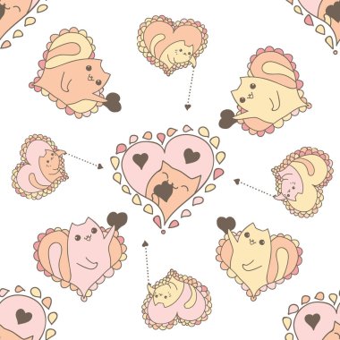 Sevimli, pürüzsüz desenler çiziyor. Zarif vektör arkaplanı. Kalpli ve kedili illüstrasyon. Tişört, tekstil ve parmak izleri için tasarım. Romantik tema.
