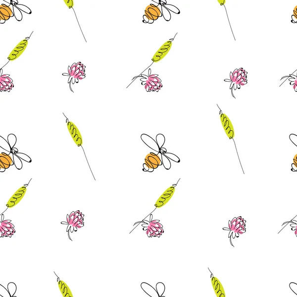 Χειροποίητες Πολύχρωμες Μέλισσες Και Λουλούδια Συλλογή Θερινών Λιβαδιών Όμορφο Σχέδιο — Διανυσματικό Αρχείο