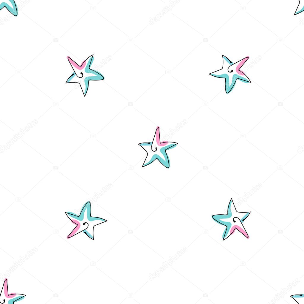 Hand drawn colorful starfishes. Summer sea shells doodles collection. Beautiful design for your textile, paper, cards, web page background. Vector seamless pattern.