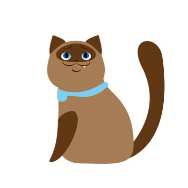 Yan yan oturan komik Siyam kedisi. Sevimli çizgi film karakteri. Beyaz arkaplanda izole edilmiş vektör illüstrasyonu.