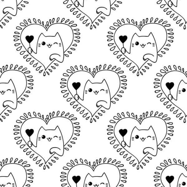 Doodles Lindo Patrón Sin Costuras Ilustración Con Corazones Gatos Diseño — Vector de stock