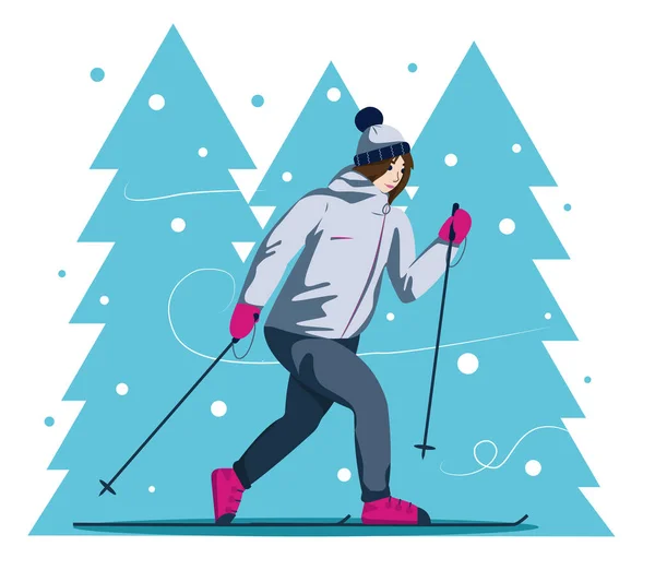Vektor Illustration Eines Glücklichen Mädchens Auf Skiern Vor Dem Hintergrund — Stockvektor