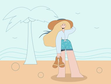 Sahilde yürüyen bir kızın vektör görüntüsü. Minimalizm ve abartı tarzında yapılmış..