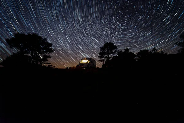 Night Landscape Camper Silhouette Star Trail Sky Photo Has Copy — Stock Photo, Image