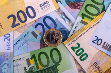 Avrupa 'nın büyük banknotlarının arka planına karşı Euro sikkesi