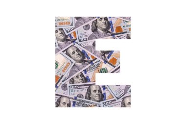 E. Latin alfabesinden bir harf, tüm alan kaotik bir şekilde beyaz arka planda 100 dolarlık banknotlarla dolu.