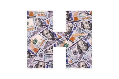 H. Latin alfabesinden bir harf, tüm alan kaotik bir şekilde beyaz arka planda 100 dolarlık banknotlarla dolu.