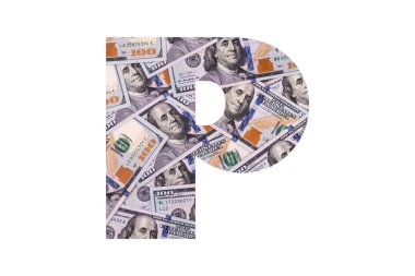 P. Latin alfabesinden bir harf, tüm alan kaotik bir şekilde beyaz arka planda 100 dolarlık banknotlarla dolu.