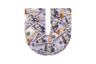 - Evet. Latin alfabesinden bir harf. Tüm alan kaotik bir şekilde beyaz arka planda 100 dolarlık banknotlarla dolu.