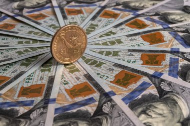 Özgürlük heykelinin resmi ve 100 dolarlık banknotların parçalarının arka planında daire şeklinde dizilmiş dolar sembolü olan bir Amerikan doları.