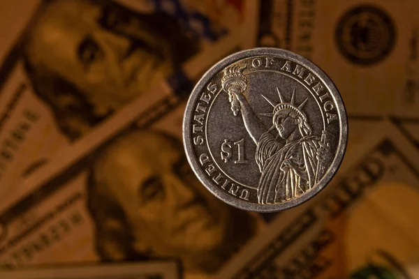 Coin Denomination American Dorllar Background Fragment 100 American Dollar Bills — Stock Photo, Image