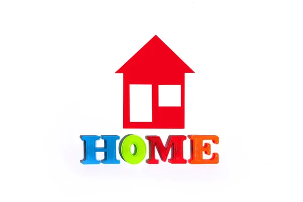 Symbolic Conditional Red Paper Cut Small House Inscription Home Multicolored — Stock Photo, Image