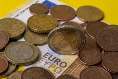 Çeşitli değerlerde Euro sikkeleri ve 200 Euro 'luk banknot