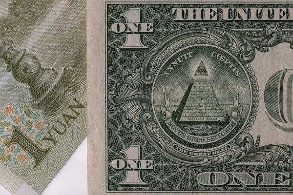 Fragment Chinese Yuan Bill Fragment American Dollar Bill — Stock fotografie
