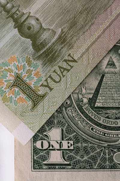 Fragmento Fatura Yuan Chinês Fragmento Fatura Dólar Americano — Fotografia de Stock