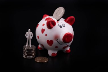 Komik domuz kumbarası ve siyah arka planda Amerikan paraları.