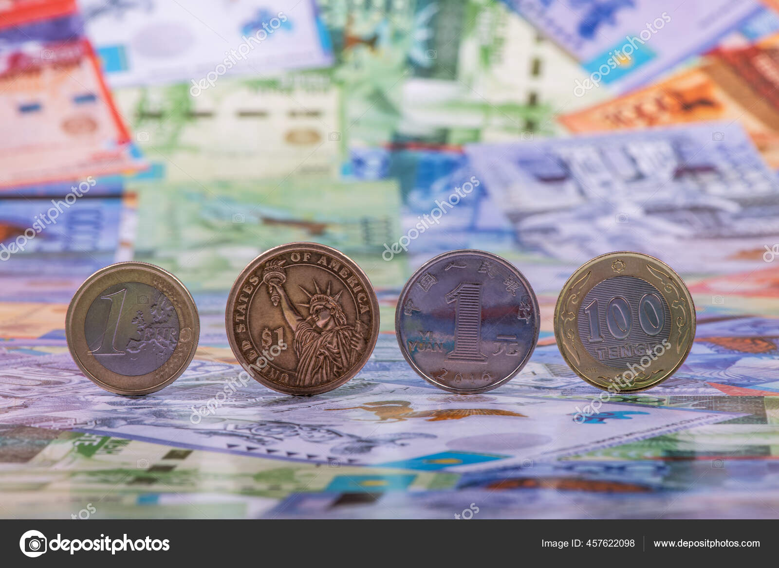 Coins Denominations Euro American Dollar Chinese Yuan 100 Kazakhstani Tenge  — Stock Photo © MaxZolotukhin #457622098