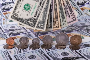 Toplanan 1, 2, 5, 10, 20, 50, 100 dolarlık banknotlar ve tüm banknotların Amerikan paraları