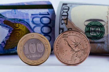 10000 tenge ve 100 dolarlık banknotların yanında 100 Kazakistan tentesi ve 1 Amerikan doları var.