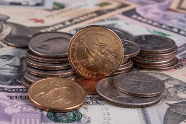 1 Amerikan doları madeni para, diğer madeni paralar ve çeşitli değerlerde Amerikan banknotları.