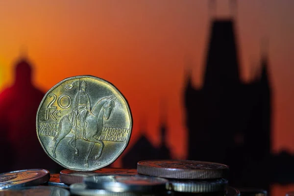 Czk Coin Other Coins Background Out Focus Fragments Prague Buildings — Stock Photo, Image
