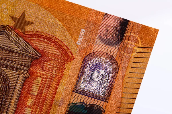 Hologramas Imágenes Seguridad Sobre Fragmento Billete Europeo Sobre Fondo Blanco —  Fotos de Stock