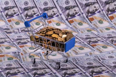 Birçok Kazakistan tenge madeni paraları arka planda 100 dolarlık banknotlarla minyatür bir süpermarket alışveriş arabasında yatıyor.