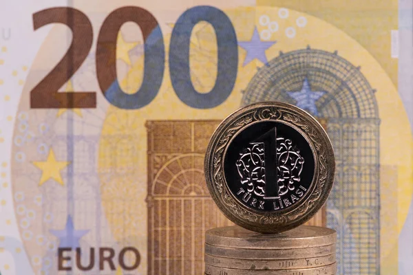 Pièce Lire Turque Dans Contexte Fragment Billet 200 Euros — Photo