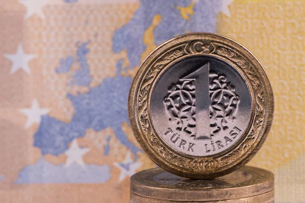 Mince Nominální Hodnotě Turecké Liry Pozadí Fragmentu 200 Euro Bankovky — Stock fotografie