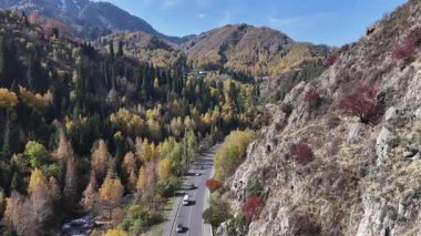 A picturesque mountain road near the Medeu skating rink near the Kazakh city of Almaty on an autumn day.