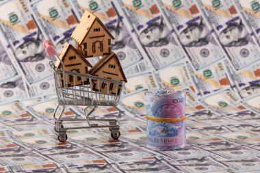 10,000 Kazakistan tenge gagası ve sembolik ahşap evler bir alışveriş arabasında 100 dolarlık banknotlara karşı.