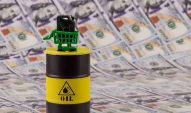 Minyatür bir alışveriş arabasında bir benzin bidonu 100 dolarlık banknotlara karşı.