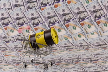 Bir alışveriş arabasındaki demir varil petrol, 100 dolarlık banknotlarla karşılaştırıldığında...