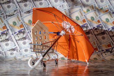 Şemsiyenin altındaki sembolik ahşap ev 100 dolarlık banknotlara karşı..