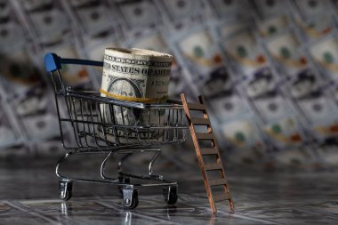 Minyatür bir süpermarket alışveriş arabasında 100 dolarlık banknotların önünde merdiveni olan bir yığın Amerikan doları.