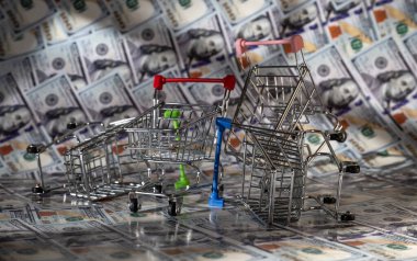 Arkasında 100 dolarlık banknotlar olan boş süpermarket arabaları.