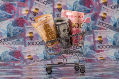 100 Amerikan doları, 100 Çin yuanı ve bir alışveriş arabasındaki 100 Rus rublesi 10.000 Kazakistan tenge faturasına karşı.