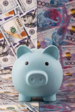 100 dolar ve 10.000 Kazakistan banknotlarına karşılık bir kumbara..