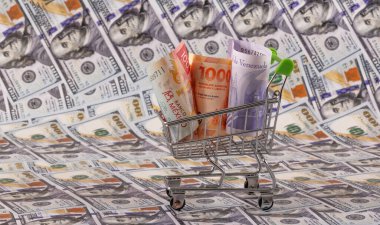 Latin Amerika ülkelerinden banknotlar - Meksika, Venezuela ve Arjantin - minyatür bir alışveriş arabasında 100 dolarlık banknotlara karşı